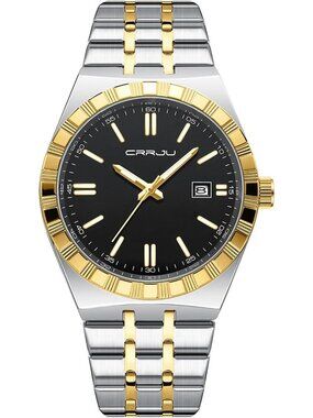 Crrju Men Gold Black Luxury Luminous Analog Quartz Classic Calendar Silver Watch